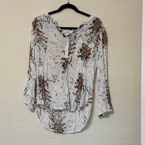 Market & Spruce Floral Peasant Blouse sz L Boho Bohemian Top Smocked V-Neck